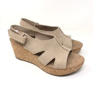 Clarks Womens 8 Cork Wedge Sandals Beige Leather Open Toe Slingback
